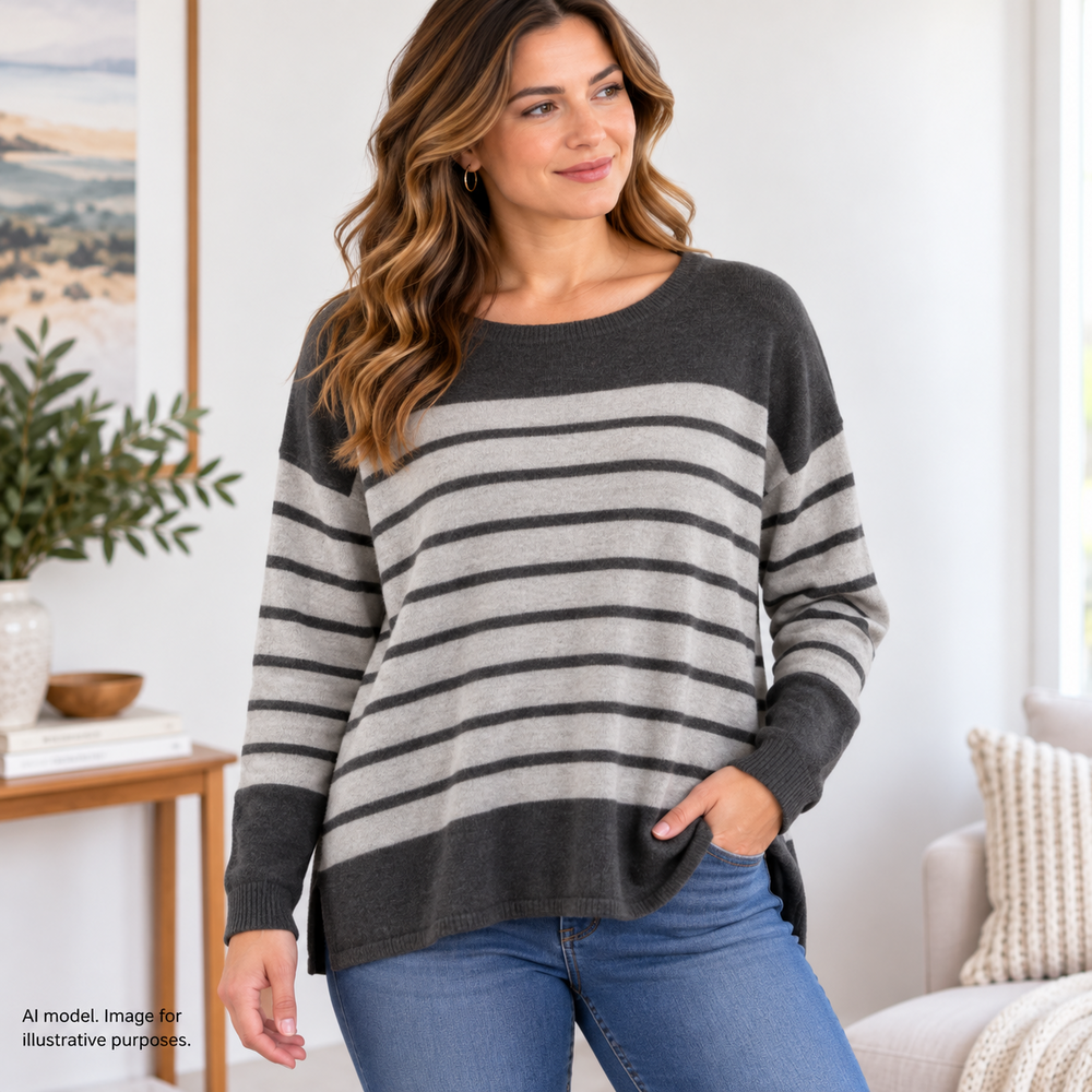 Orvis Sweater Womens Small Gray Striped Oversized Pullover Cashmere Silk Blend